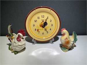 VTG Rooster & Hen Decor, Clock, 2- Figurines