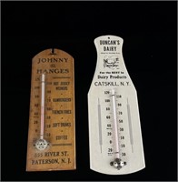 c.1930 Wood Dairy Cow & Hotdog Adv.Thermometers