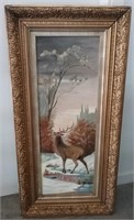 Antique Framed Elk in Winter Painting on Canvas