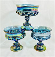 (3) INDIANA BLUE CARNIVAL GLASS COMPOTES