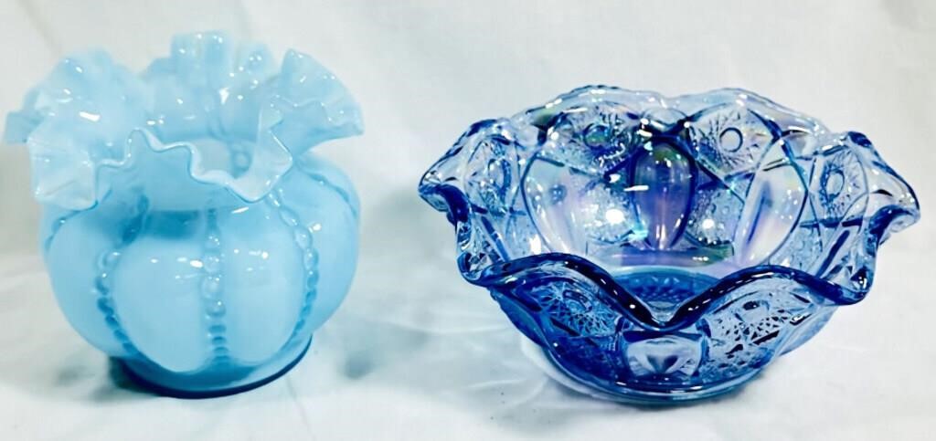 FENTON BLUE GLASS VASE & CARNIVAL GLASS BOWL