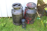 2 MILK CANS AND DOG STATUE