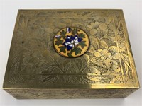 4.5" x 3.5" Brass lidded box, enameled cloisenne