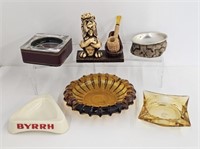 5 ASHTRAYS WITH A PIPE STAND & A CORNCOB PIPE