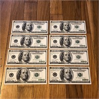 (8) Sequential 1999 US 100 Dollar Banknotes
