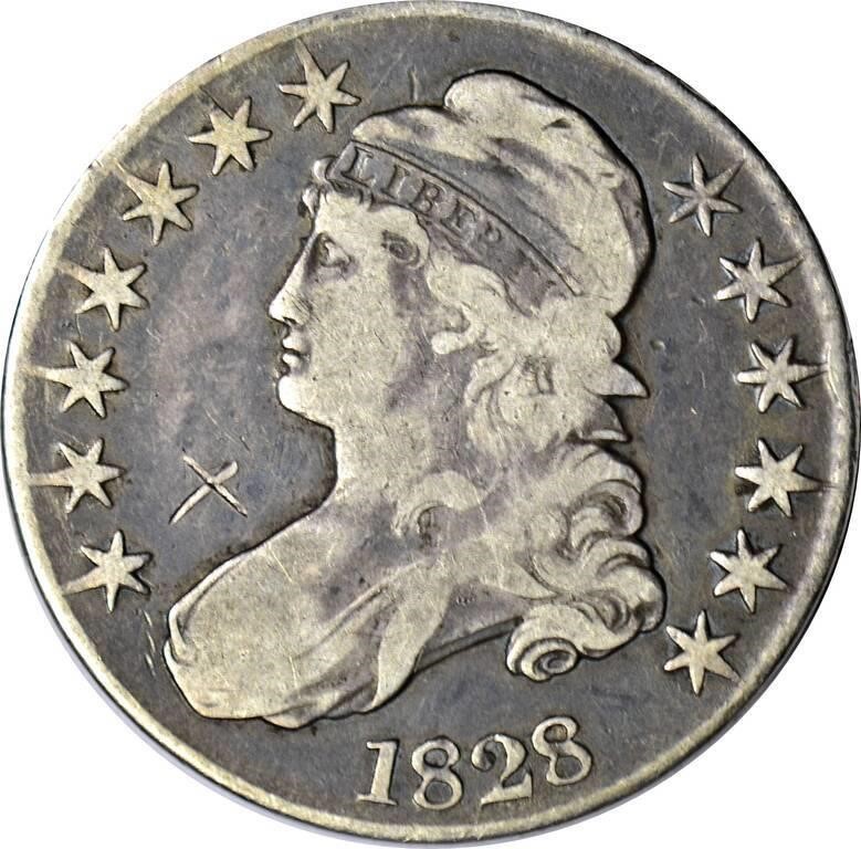 1828 BUST HALF DOLLAR - VG, OBV GRAFFITI