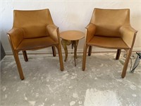 Cassina Tanned Leather Chairs; Small Metal Table