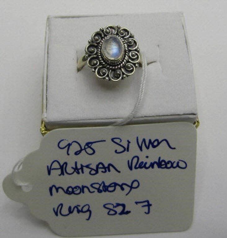 925 Silver Artisan Rainbow Moonstone Ring Sz 7