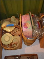 Vintage baskets w/ tea sets & book