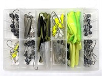 Fishing Jigs and More in Plastic Tackle Box 11” x