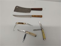 (3) NEW Case pocket knives, (2) used Case kitchen