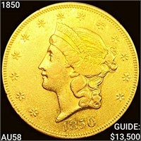 1850 $20 Gold Double Eagle CHOICE AU