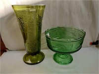2 Green Glass vase , dish