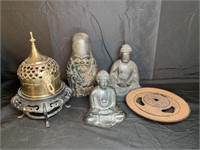 3 Buddha's & 2 Incense Burners