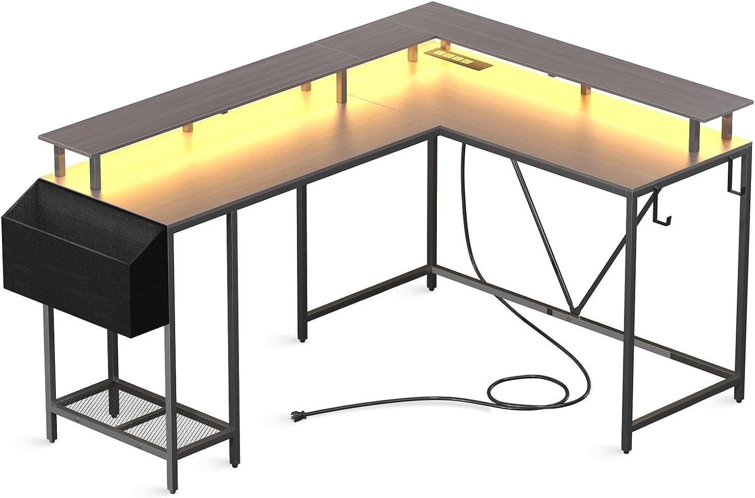 L Shaped Desk with Power Outlets & LED Lights