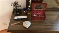 Jewelry Box With Costume Jewelry, Perfume, misc