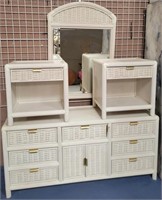 11 - WHITE WICKER DRESSER, MIRROR & NIGHTSTANDS