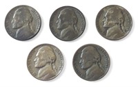 Five silver WWII Jefferson Nickel coins. In bag,
