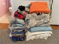 COLLECTION OF BLANKETS, SNUGGIE, LINENS, ETC.