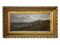 Antique Oil on Canvas of Sheep in Hills