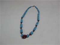 Turquoise W/Glass Beads & Coral Pendant