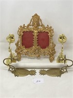 Ornate Brass Picture Frame & 2 Pair of Candle