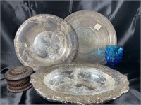 VTG Blue Glass Goblet, Silver Plate, Wood Box