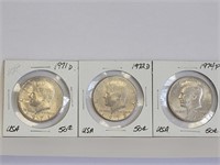 3 US KENNEDY 50¢ PIECES - 1971D, 1972D & 1974P