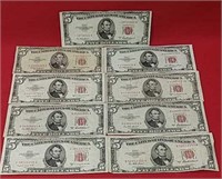 Nine 1953 Red Seal Five Dollar Bills Includes