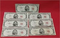 Seven 1953 Red Seal Five Dollar Bills