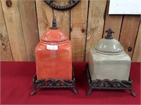 (2) Ceramic Canisters w/ Lids & Metal Stand