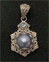 Sarda gray mabe pearl blue topaz sterling pendant