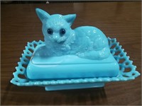 Westmoreland Blue Milk Glass Cat Candy Dish