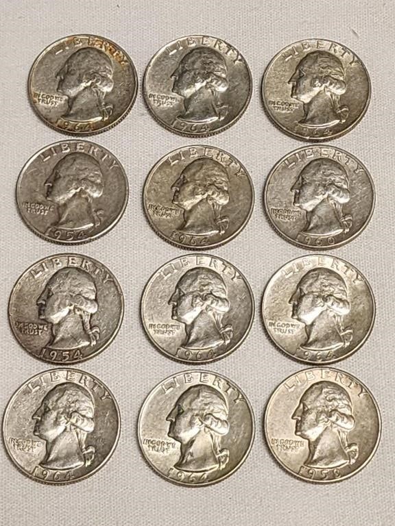 12- 90% silver Washington Quarters