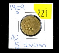 1909-S $5 Gold Indian Half Eagle, AU