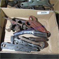 Assorted tools, oil spout, small monkey wrench