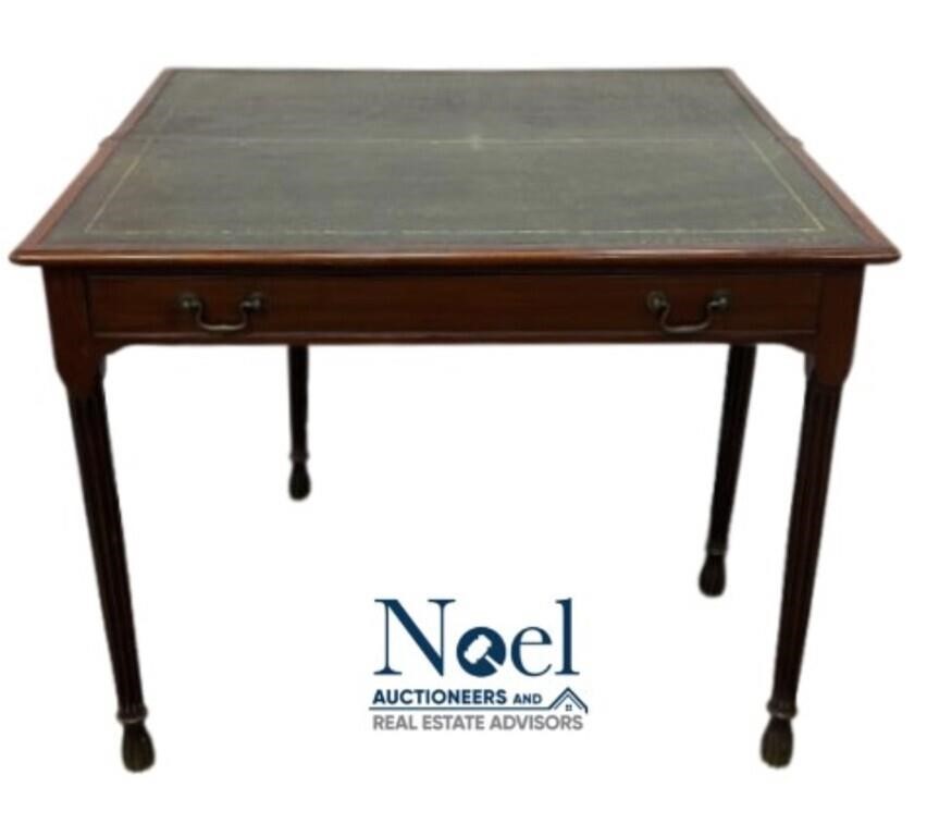 English Mahogany Card Table w/ Green Leather Top
