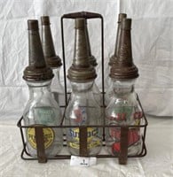 6- Vintage Glass Oil Bottles w/ Spouts & Carrier