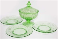 Green Pressed Glass Candy Dish & Three