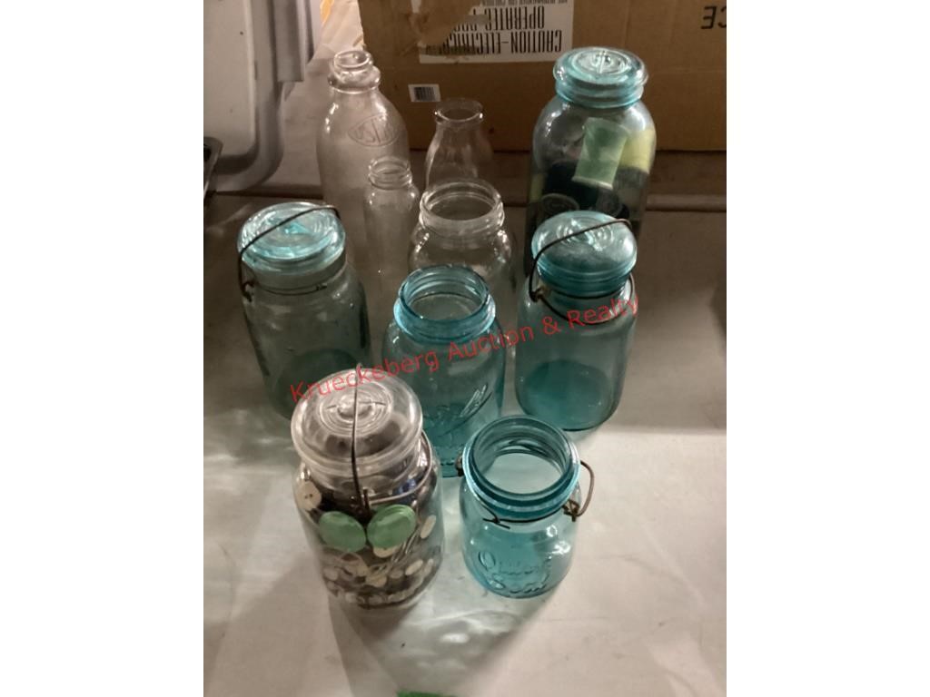 Assorted Ball Jars W/ Buttons, & Milk Bottles