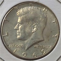 Silver 1969 Kennedy half dollar