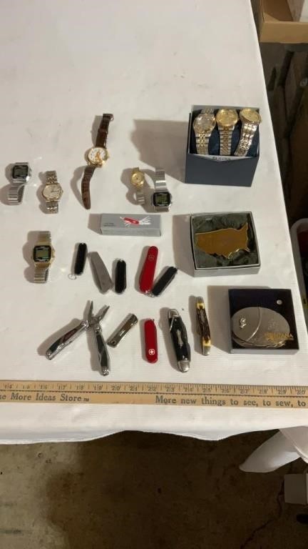 Wrist watches ( untested), pocket knives, belt