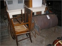BARREL STOVE, POKERS, & CHAIRS