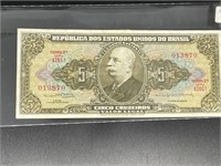 Vintage Brazil 5 Cruzeiros Note