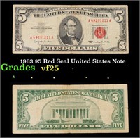 1963 $5 Red Seal United States Note Grades vf+