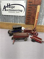 CAST IRON CAR AND TRACTOR,SMALL SPREADER AND WAGON