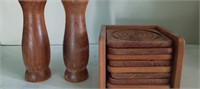 Teak Wood Salt and Pepper Shakers & Coaster Set