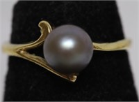 STERLING SILVER BLACK PEARL RING   SIZE 5