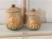 2 vtg ceramic mushroom canisters