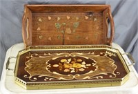 NS: 2 VINTAGE TRAYS - WOOD TRAY HAS BRASS INLAY